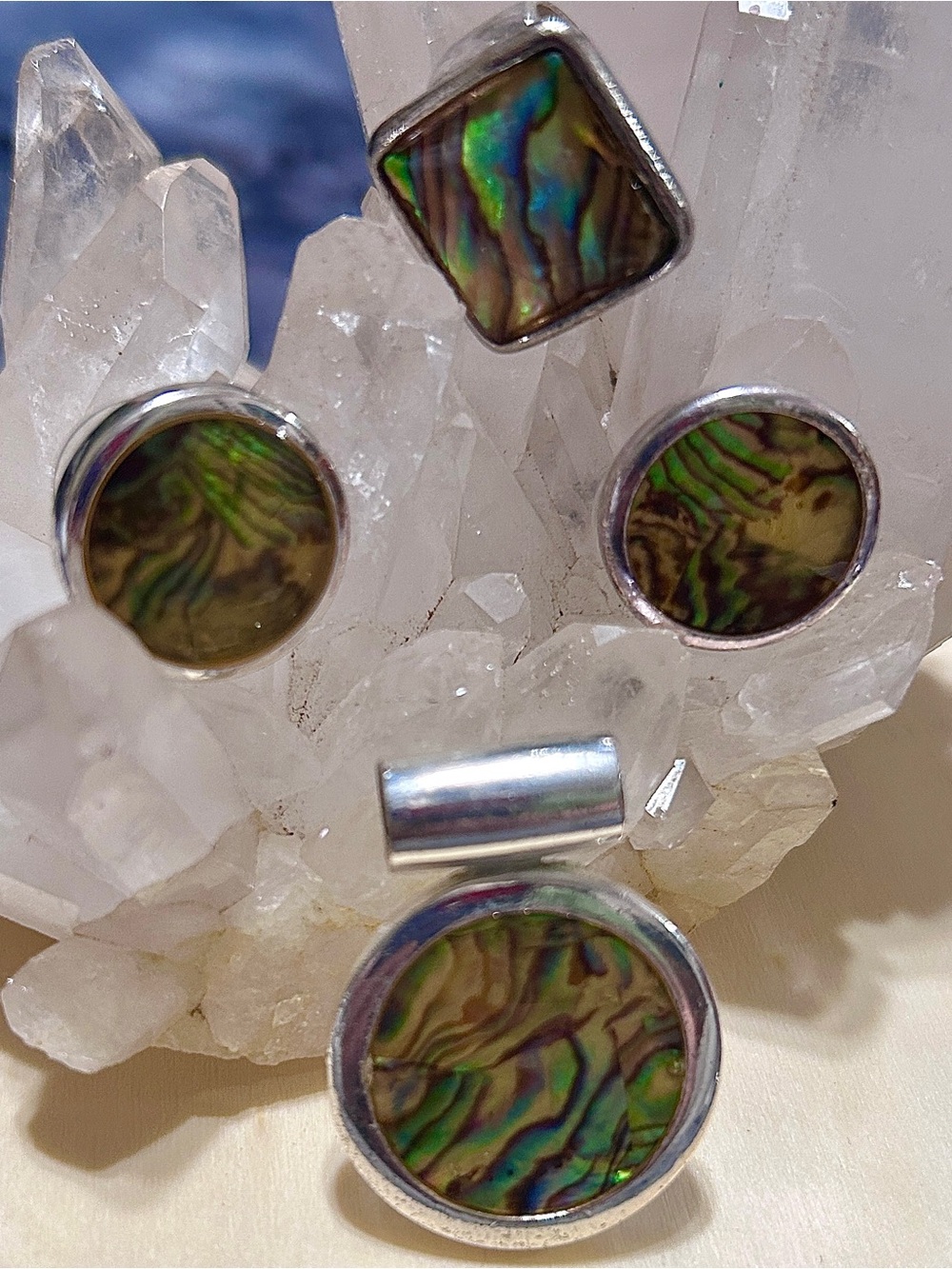 Vintage Abalone Shell Pendant, Stud Earrings and Ring Set
